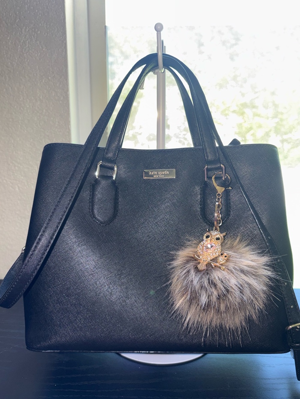Live Show - kate spade black saffiano leather satchel with fur pom charm